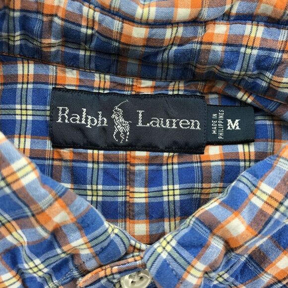 Ralph Lauren Mens Medium Blue Orange Plaid Button Down Long Sleeve Flannel Shirt - Picture 5 of 6